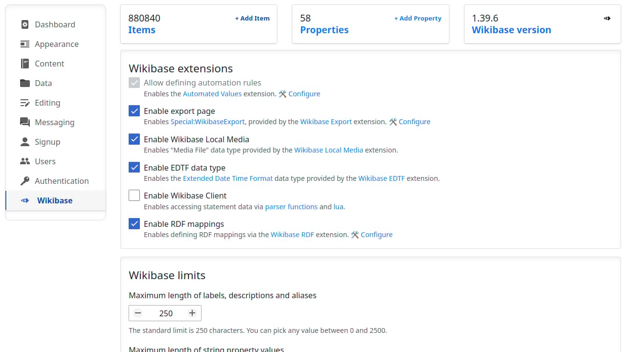 Wikibase configuration section on the ProWiki Admin Panel