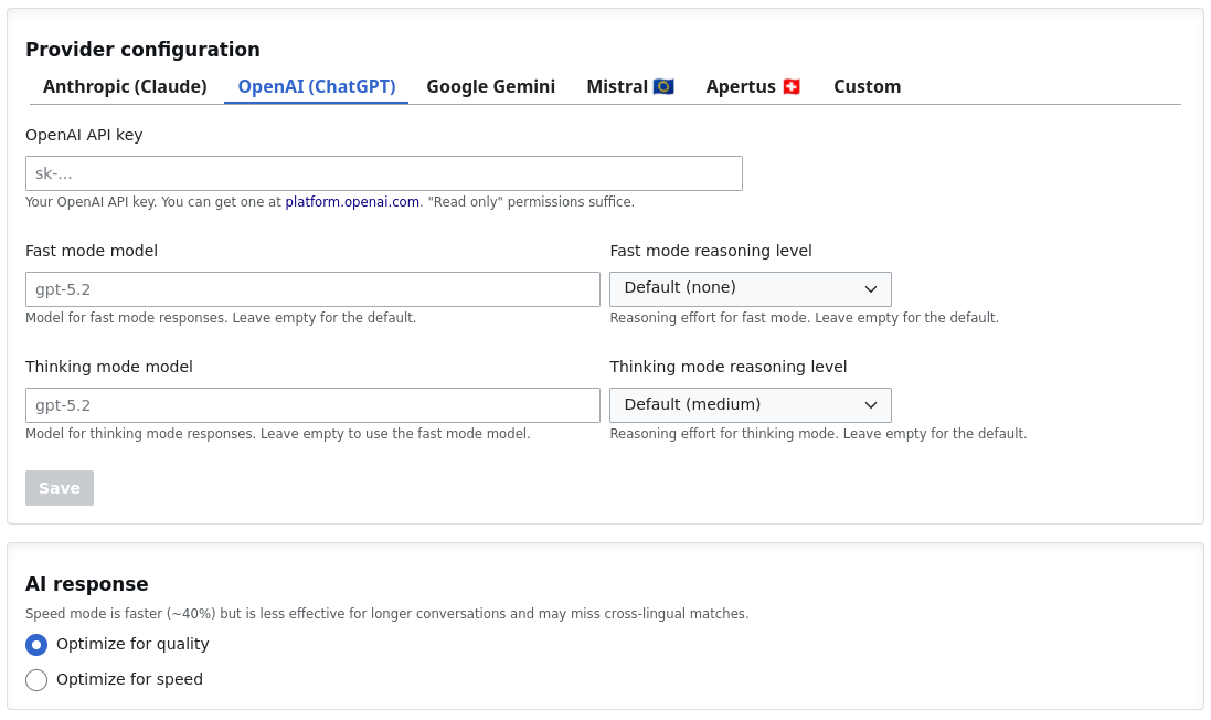 AI Assistant provider configuration in the Admin Panel, with Anthropic, OpenAI, Google Gemini, Mistral, Apertus, and custom options