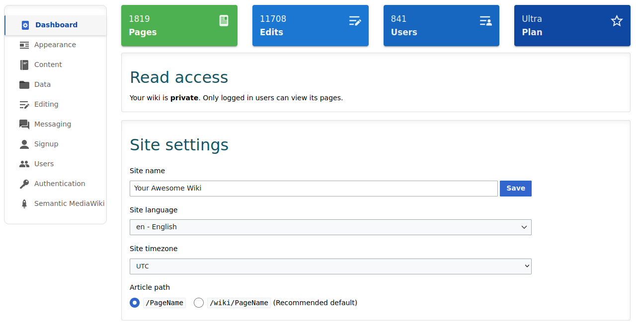MediaWiki Admin Panel dashboard showing page count, edit count, user statistics, and site settings