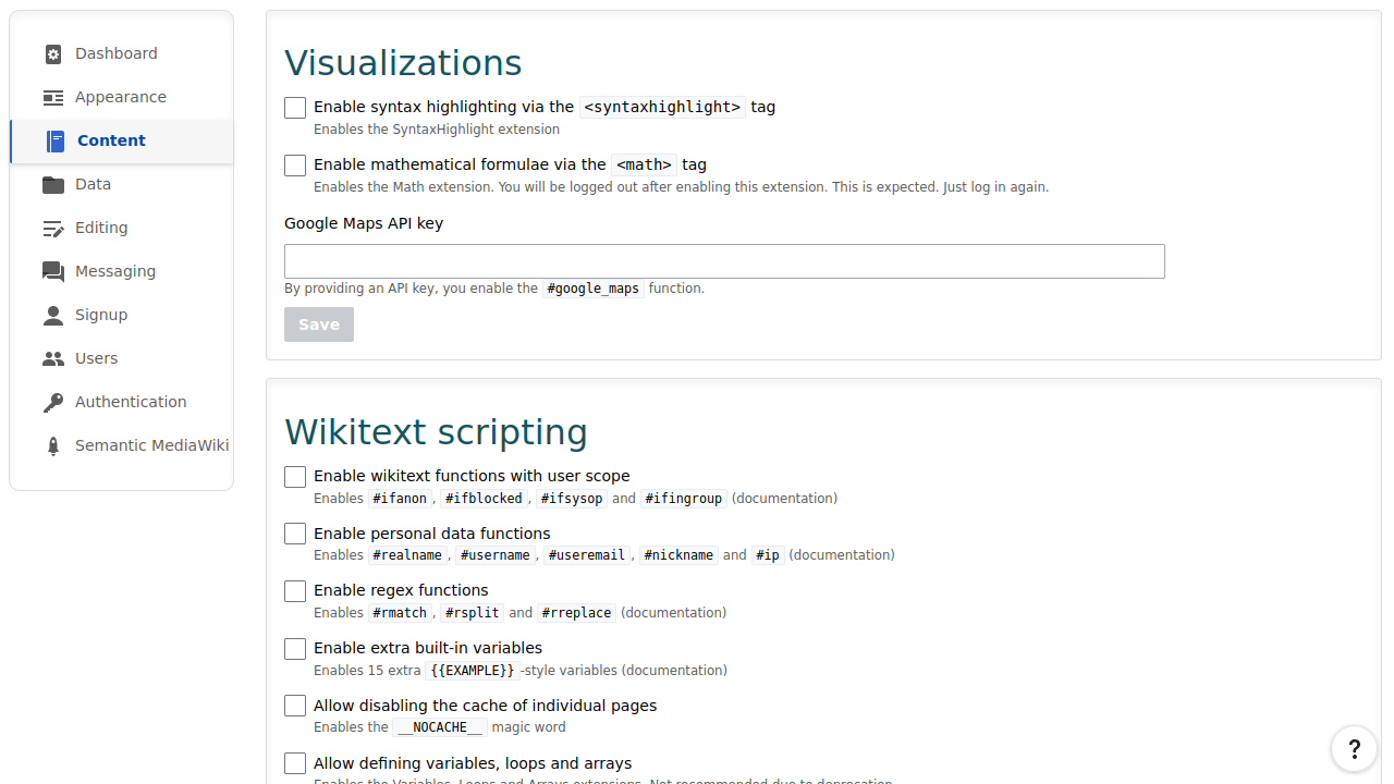 Content configuration with visualizations, diagrams, maps, and scripting options