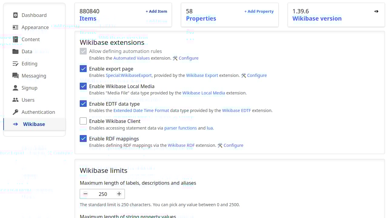 Wikibase dashboard in the Admin Panel