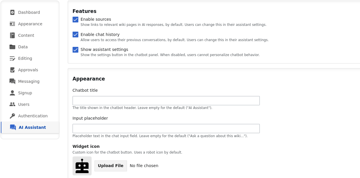 AI Assistant configuration in the ProWiki admin panel