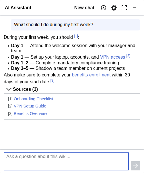 AI Assistant answering a question about onboarding with three source citations