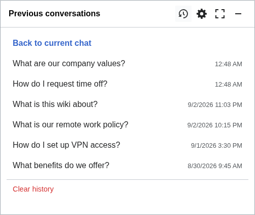 Previous conversations panel showing saved chat history