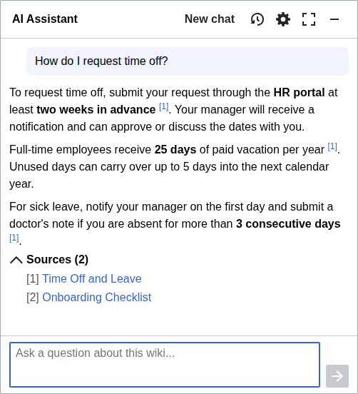 AI Assistant answering a question about requesting time off, with expanded source citations