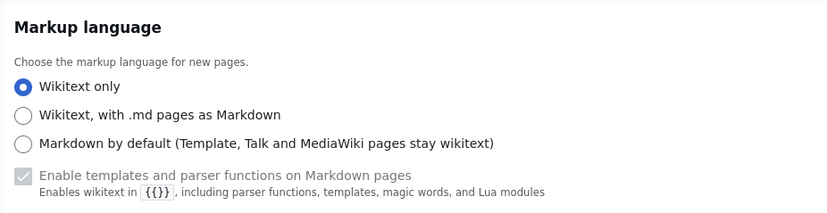 The Markup language setting in the ProWiki Admin Panel, offering wikitext only, .md pages as Markdown, or Markdown by default
