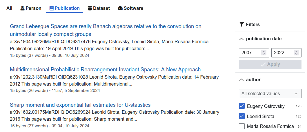 MediaWiki search page enhanced with faceted search including item type selectors, range filters, and list facets