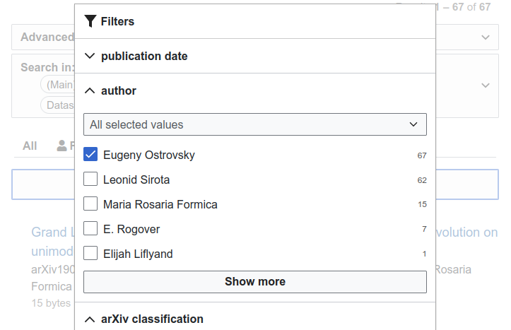 Mobile view of the facets UI showing filtering of publications by author