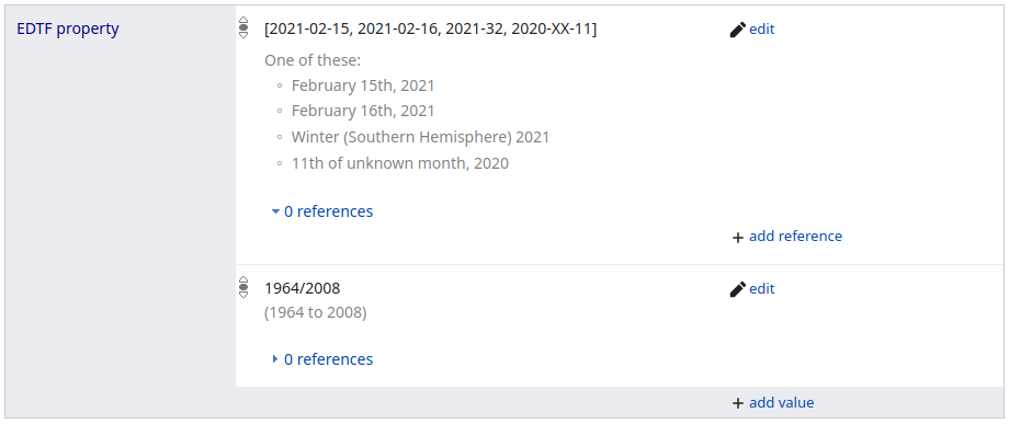 Wikibase statements depicting EDTF dates including ranges, sets, seasons, uncertainty, and approximation